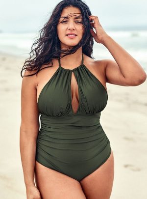 Olive Halter Plus Size One Piece Swimsuit