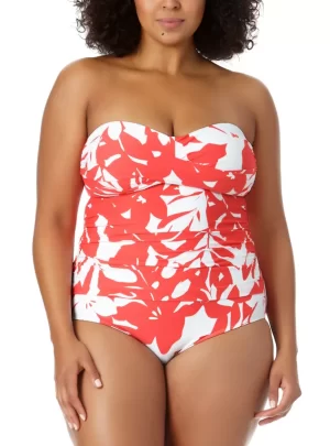 ANNE COLE Plus Size Coastal Palm Twist-Front Strapless One-Piece Swimsuit